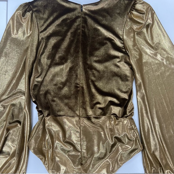 PatBO Metallic Velvet Plunge Bodysuit in Gold - Picture 4 of 5